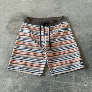 Quiksilver Board Swim Shorts Size 30 Brown Striped Surf Beach Summer Drawstring